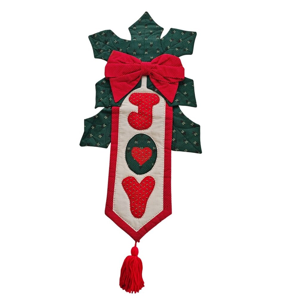 Quilted Joy Christmas Wall Hanging 29" Decoration Red Polka Dot Bow & Tassels vt